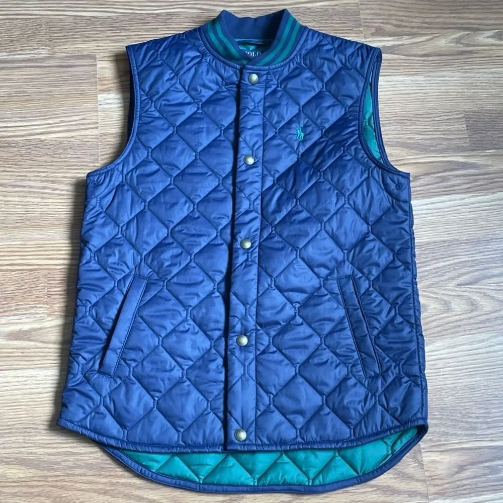 Polo Ralph Lauren Boys L Navy Water Resistant Diamond Quilted Vest Navy Blue